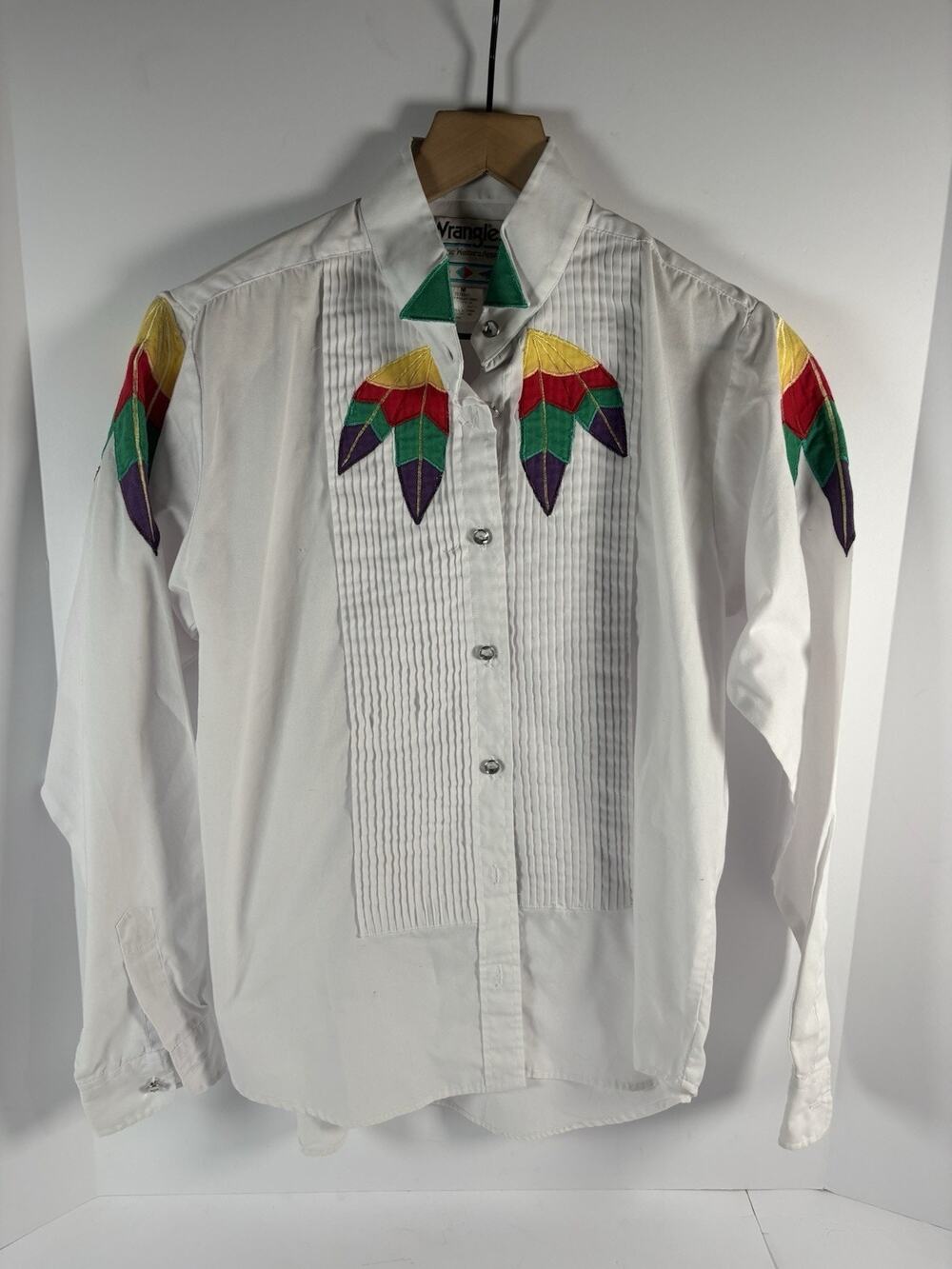 Vintage Wrangler Western Shirt Mens M White Embroidered Pearl Snap Southwestern